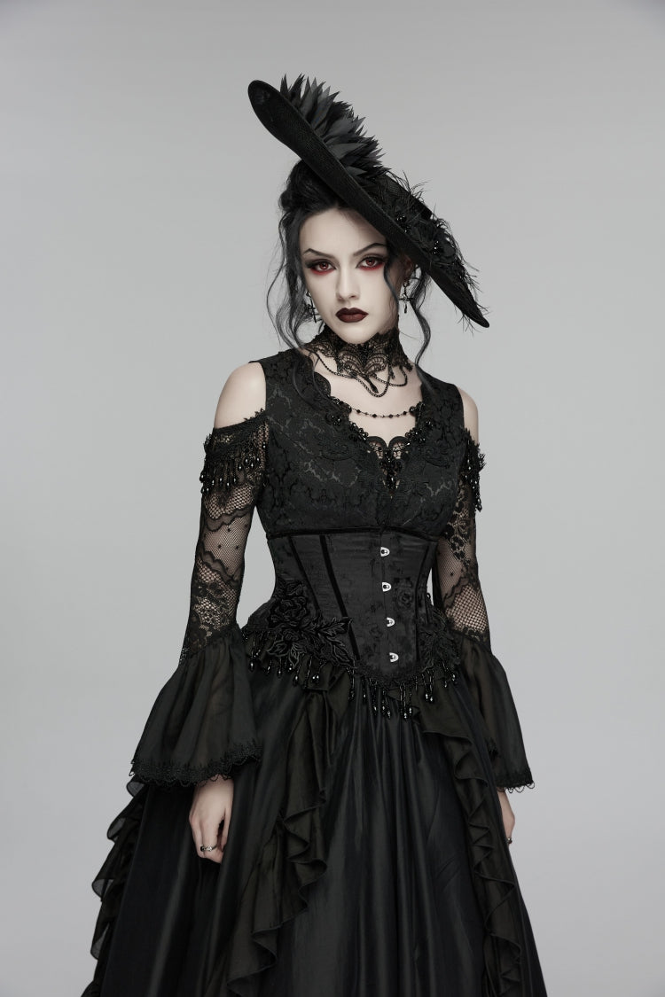 Women's Gothic Tassels Corset with Lace-Up and Slim Fit in Black Jacquard