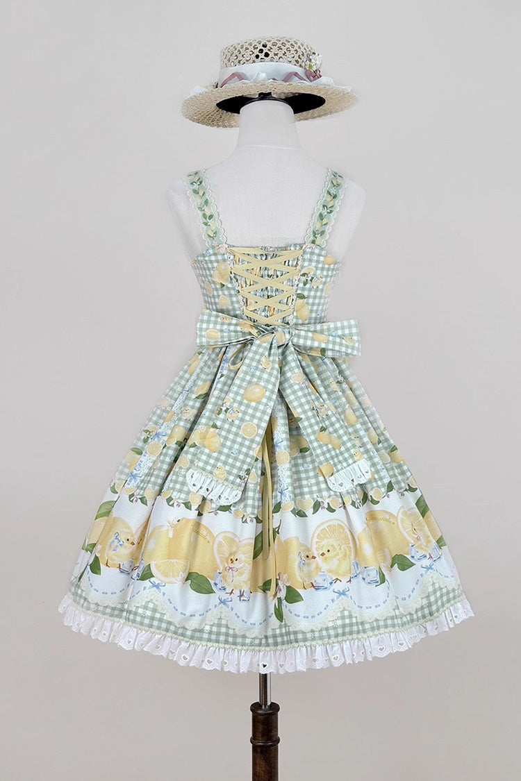 Emerald Lemon Chicken Print Ruffle Bowknot Sweet JSK Dress