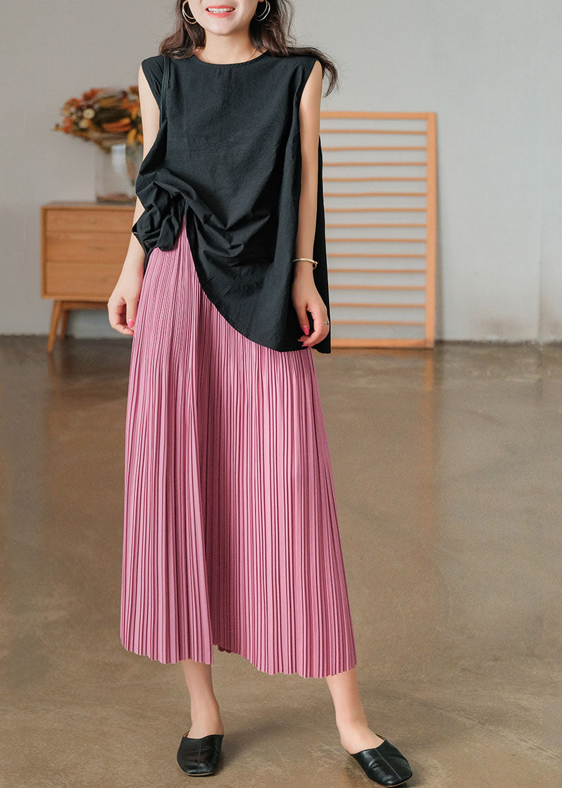 Bohemian Pink Elastic Waist Cotton Pleated Skirts AJ1008