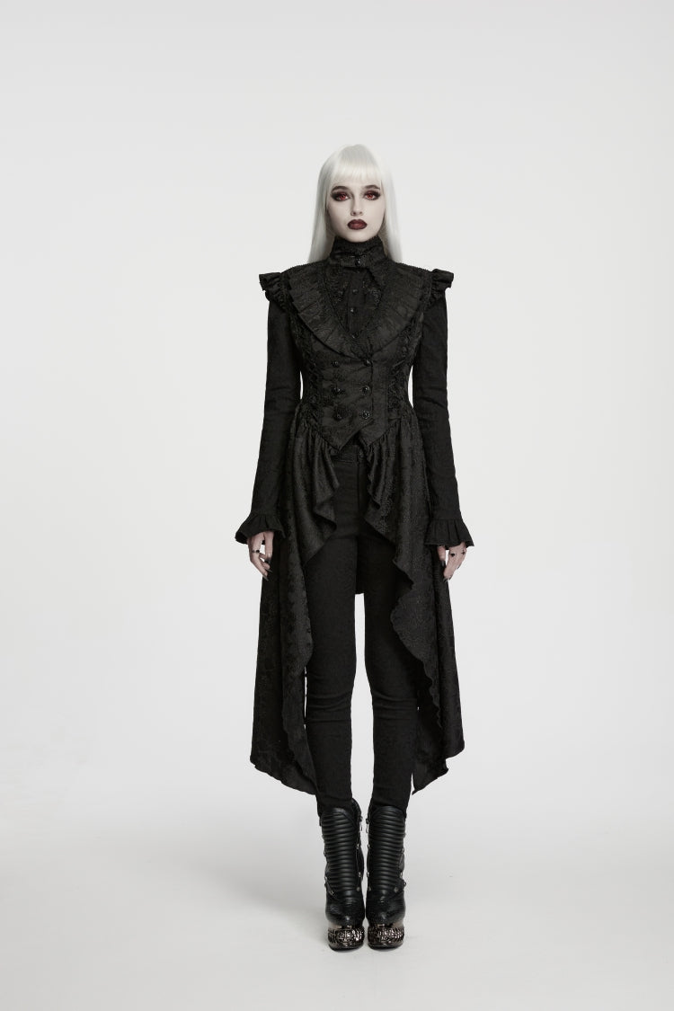Women's Black Gothic Vest, Jacquard Cut-Out with Lace-Up and Asymmetric Design