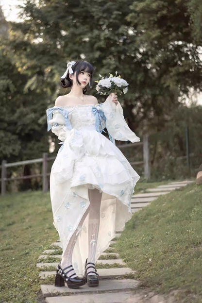 Ivory Boatneck Multi-Layer Ruffle Hanayome Bow Princess Lolita Strapless Dress