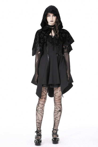 Velvet Hooded Cape with Skull Lace-Up Front