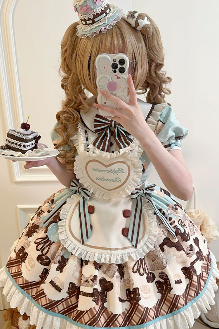 Peppermint Chocolate Cake Bear Print Lace-Up Lolita Dress with Bow - Sweet
