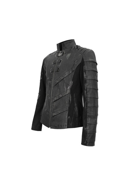 Jet-Black Punk Jacket with Mandarin Collar, Faux Leather Twill for Men