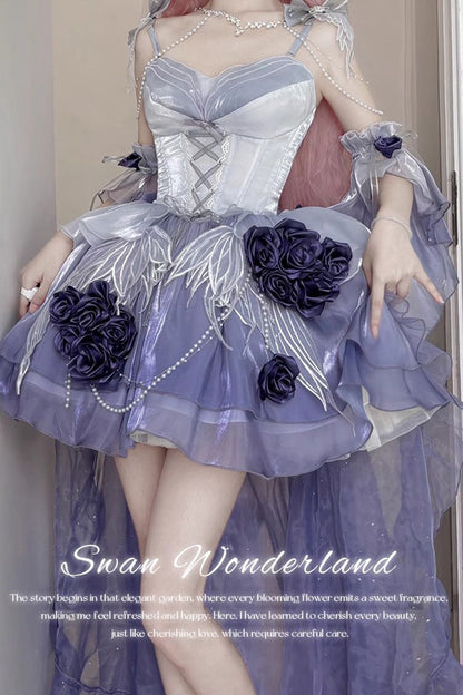 Embroidery Bowknot Lace-Up Sweet Ballet Lolita JSK Dress in Misty Purple Swan Wonderland - Short