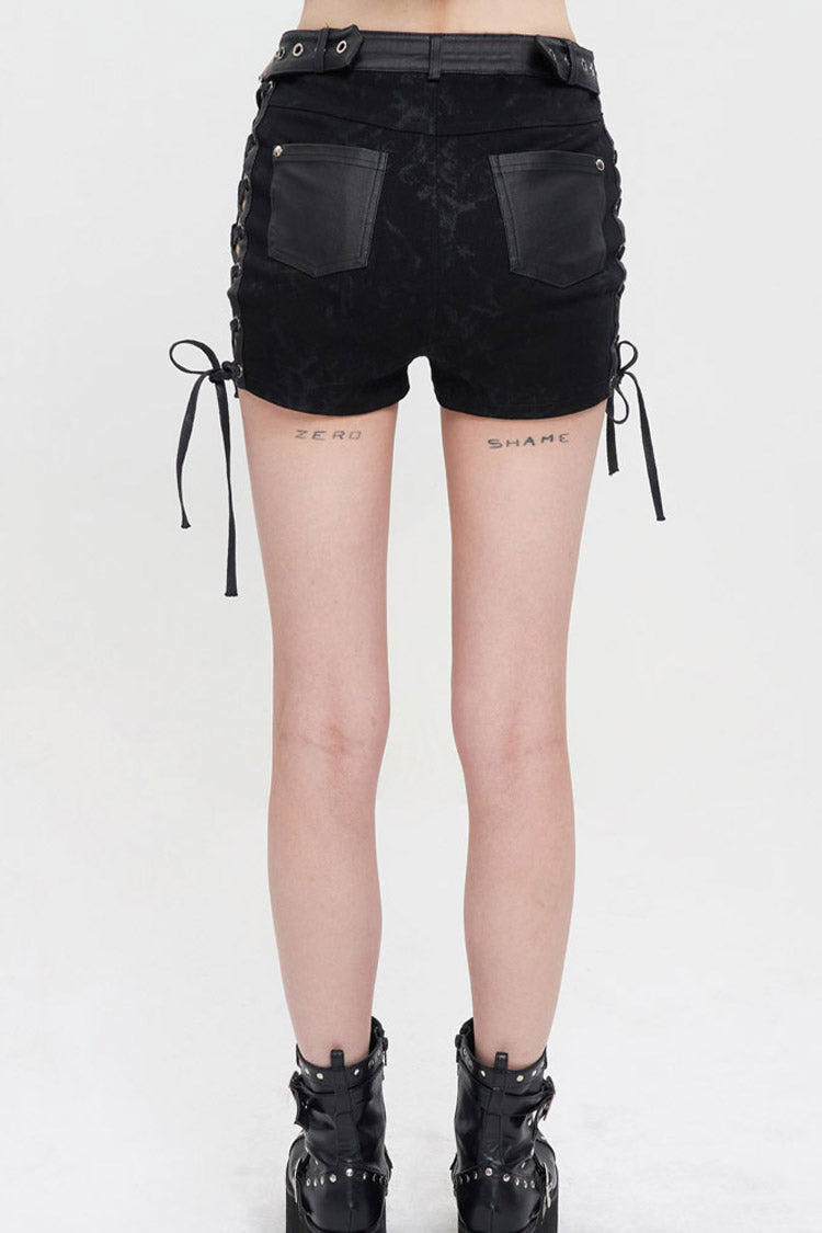 Adjustable Grommet Side-Strap Hollow Shorts in Black