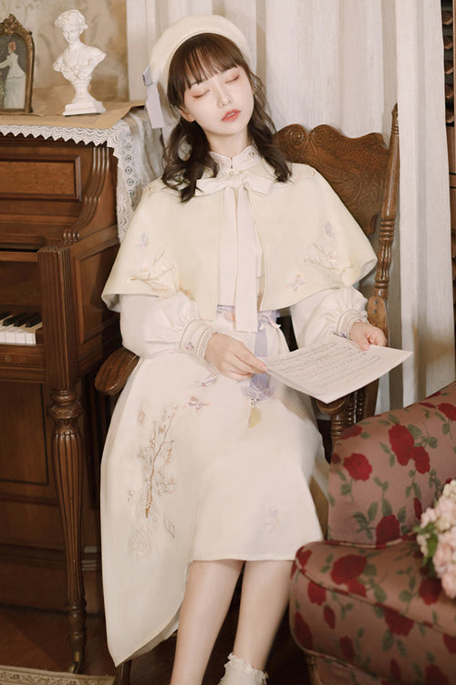 Classic Lolita OP Gown Full Set with Butterfly Embroidery, Ruffled Lantern Sleeves