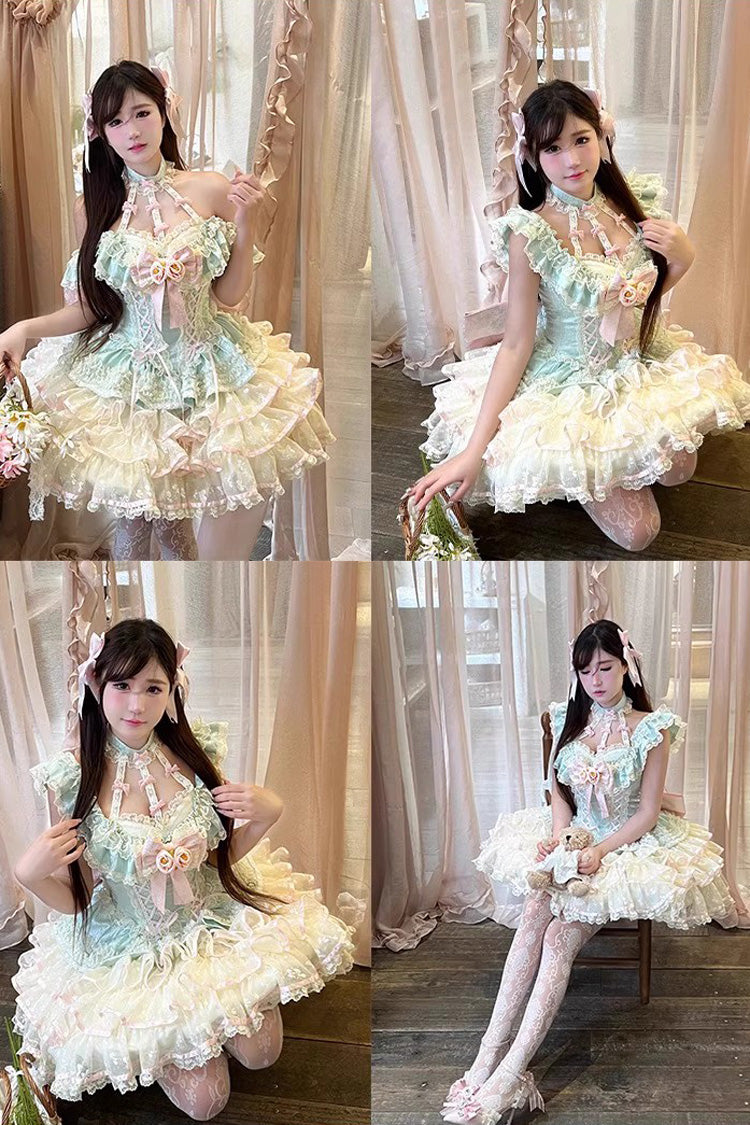 Emerald Halterneck Multi-Layer Ruffle Bow Rose Lace Lace-Up Sweet Ballet Lolita Jumper Dress