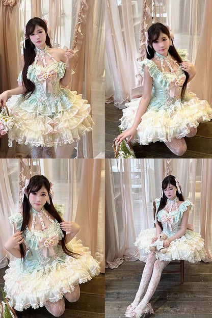 Emerald Halterneck Multi-Layer Ruffle Bow Rose Lace Lace-Up Sweet Ballet Lolita Jumper Dress