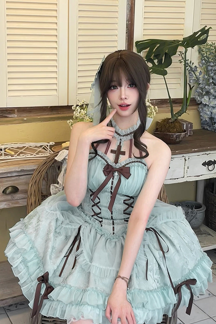 Mint Halterneck Cross Bow Lace-Up Ruffled Lolita Gown
