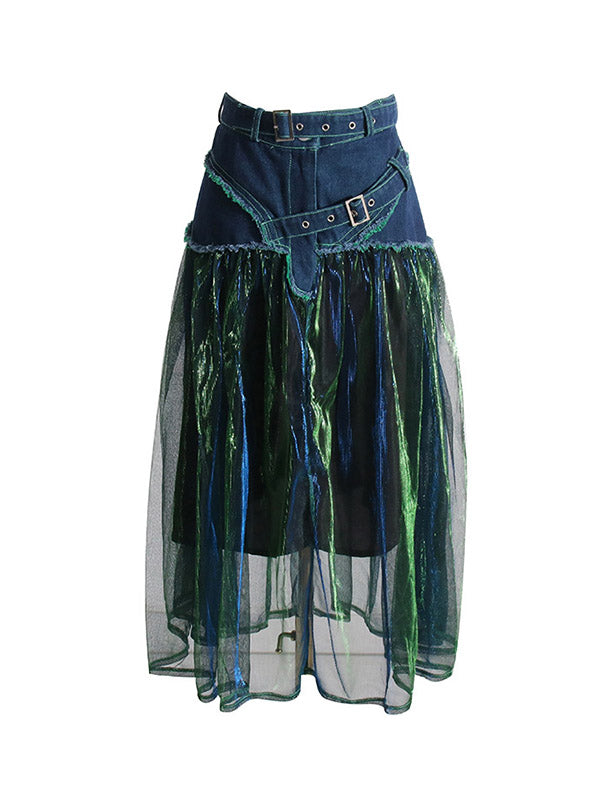 Jupe trapèze en tulle bleu vert avec patchwork en jean et ceinture TT1038 