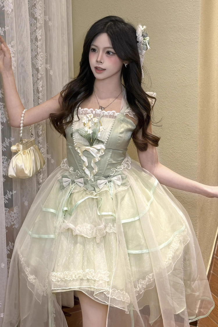 Emerald Lily Valley Polka-Dot Ruffled Lace-Up Princess JSK Dress