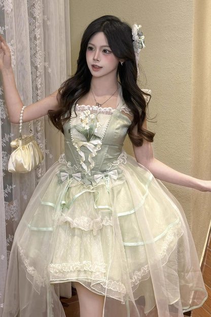 Emerald Lily Valley Polka-Dot Ruffled Lace-Up Princess JSK Dress