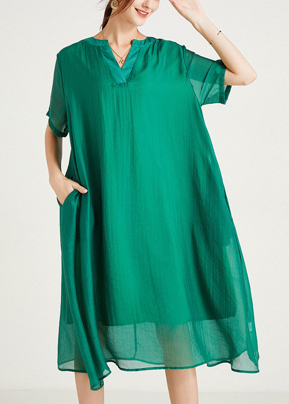 Size Summer Cotton Plus Dresses V Neck Women Green