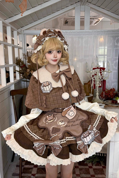 Hot Cocoa Bear Print Ruffle Lace Sweet Lolita Jumper Dress