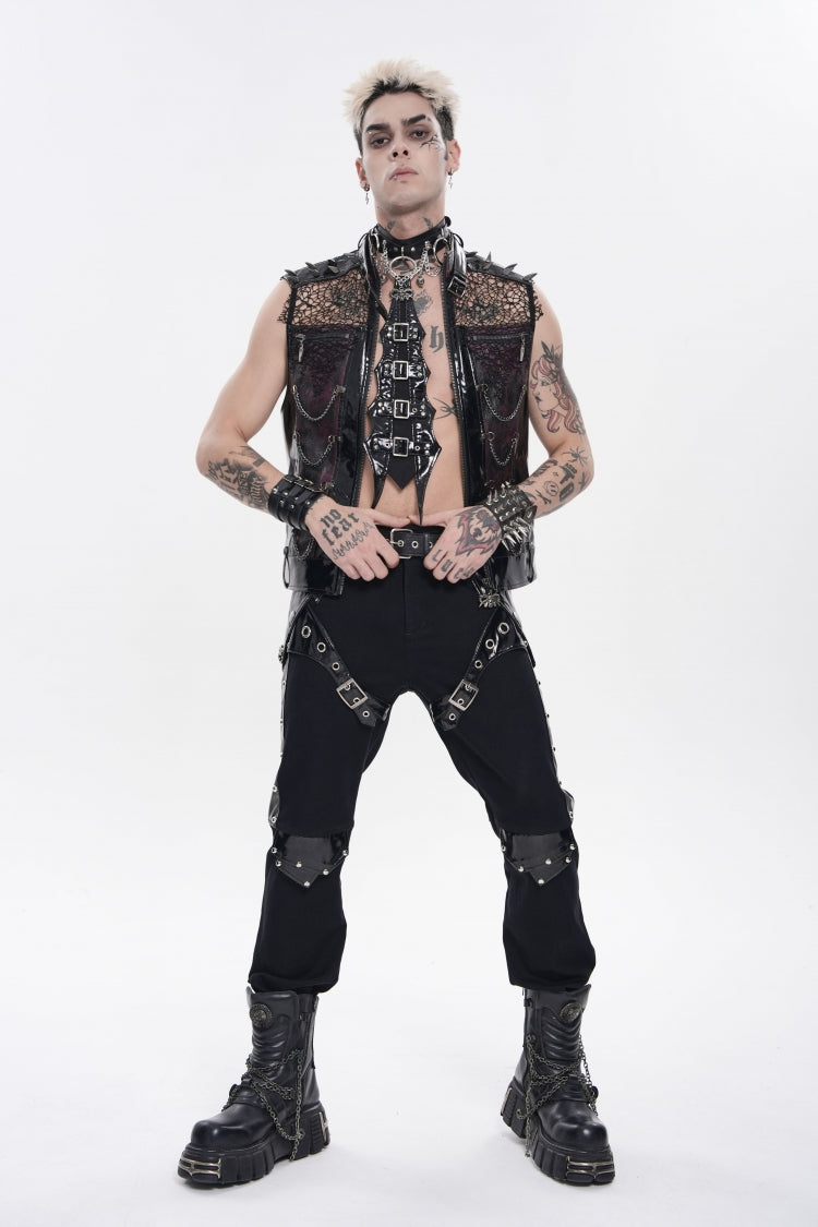 Men's Black Punk Vest, Spliced Mesh with Studs, Zippers and Eyelets