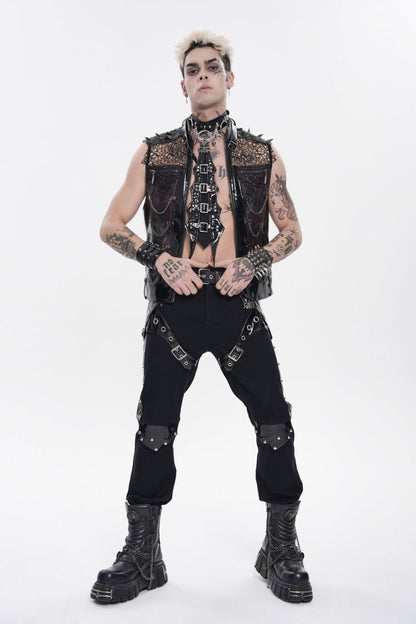 Men's Black Punk Vest, Spliced Mesh with Studs, Zippers and Eyelets