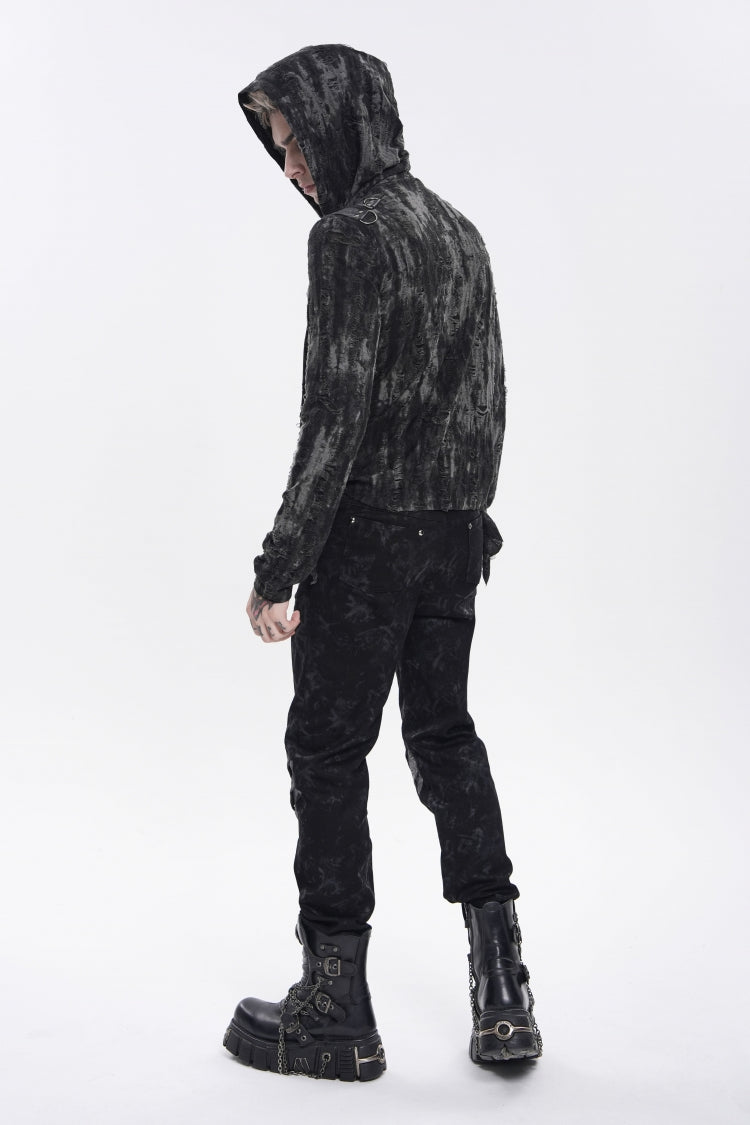 Ebony Long-Sleeve Hooded Sheer Ripped Faux Two-Piece Zip Eyelet Punk Tee