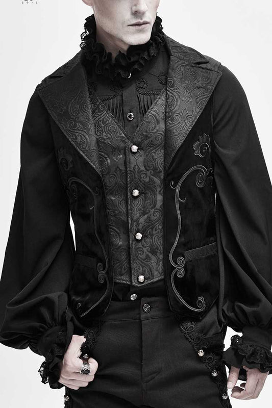Men's Gothic Waistcoat with Leather Embroidery and Swallow Tail Hem