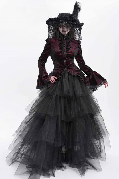 Crimson High-Neck Gothic Ruffled Blouse with Flared Sleeves and Tail Hem