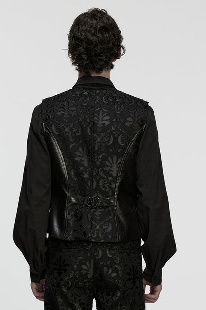 Ebony Long-Sleeve V-Neck Floral Embroidered Men's Gothic Vest