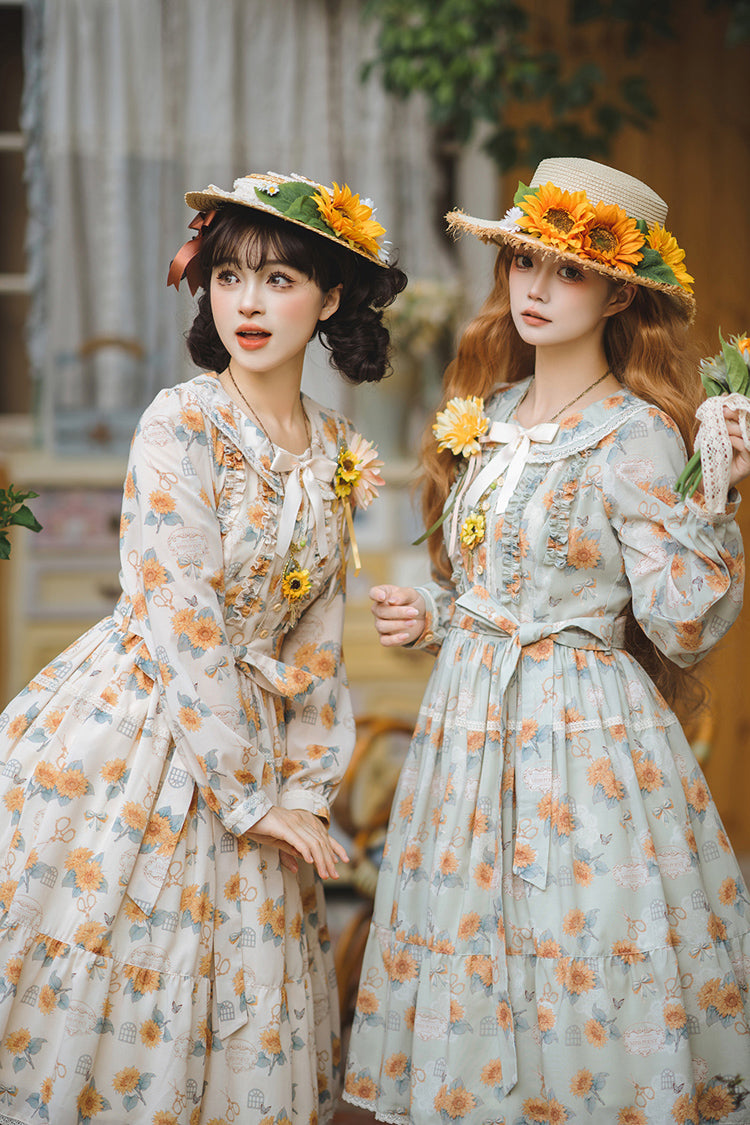 Emerald Long Sleeve Sunflower Ruffle Bow Sweet Lolita Gown