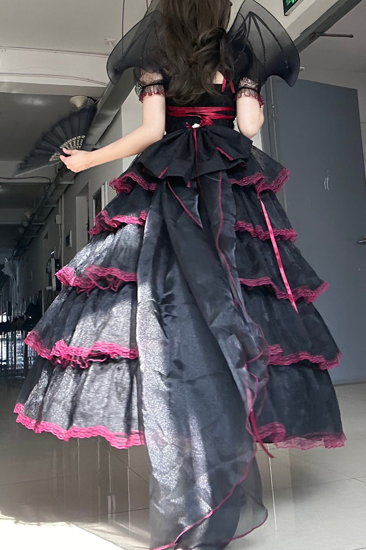 Crimson & Obsidian Short Sleeves Multi-Layered Ruffle Hanayome Bowknot Lace Plus Size Sweet Lolita Dress