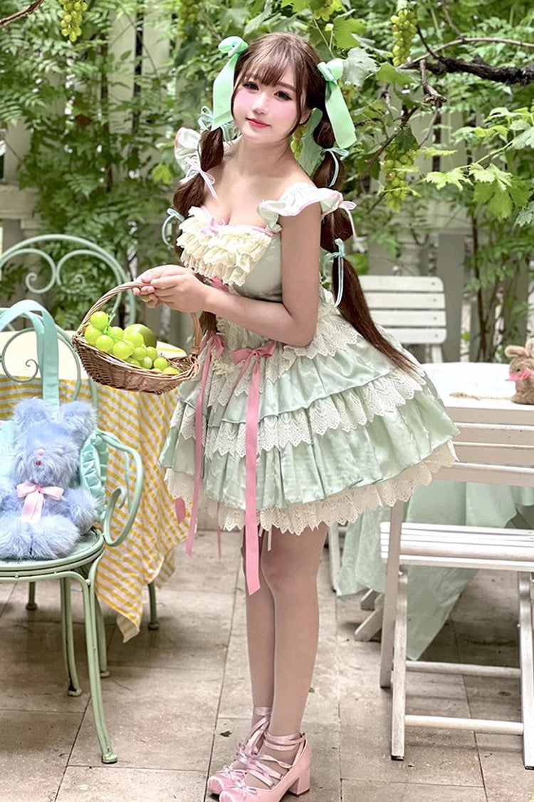 Emerald Mint Multi-Layered Ruffle Bow Lace Ballet Sweet Dress