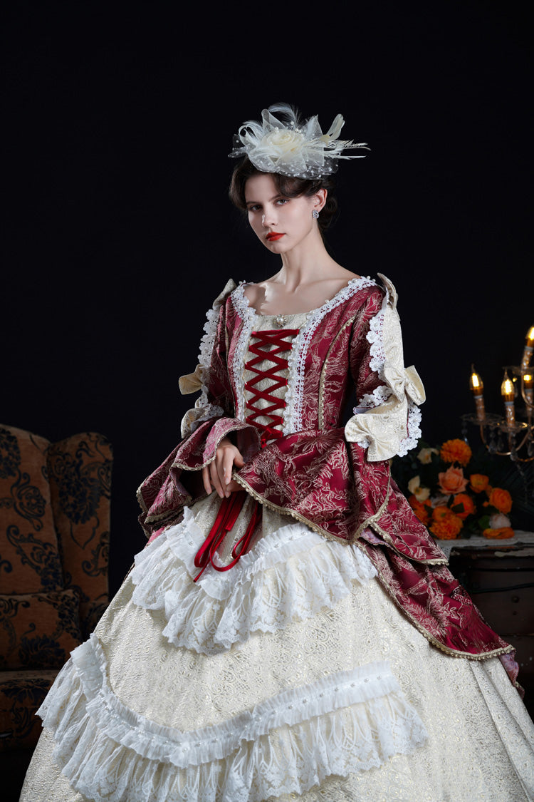 Victorian Palace Dress with Hime Sleeves and Lace-Up Front in Wine/Ivory - NostalgicElegance