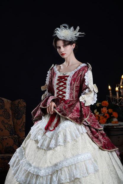 Victorian Palace Dress with Hime Sleeves and Lace-Up Front in Wine/Ivory - NostalgicElegance