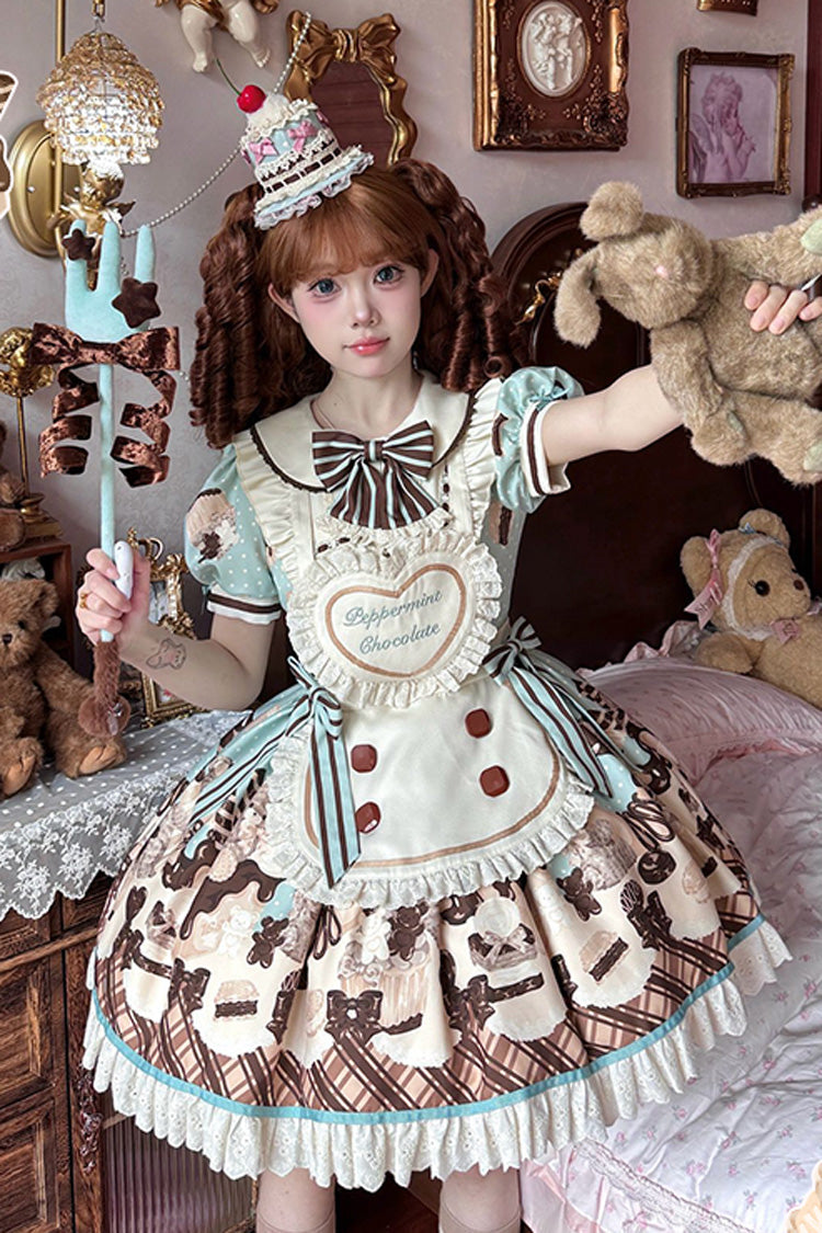 Peppermint Chocolate Cake Bear Print Lace-Up Lolita Dress with Bow - Sweet