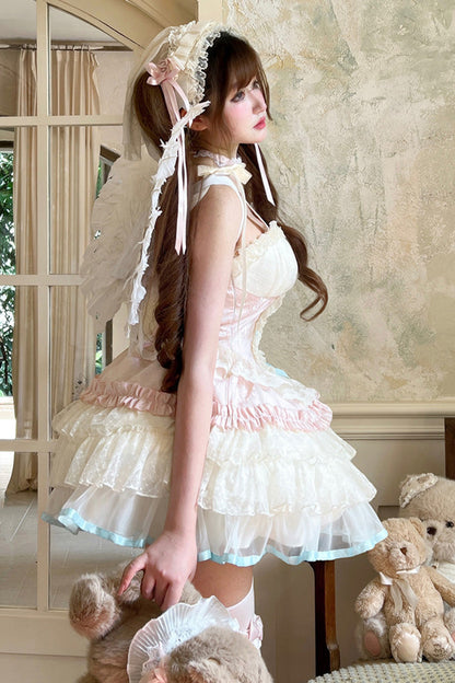 Blush Ruffled Bow Lace Ballet Dress with Layers