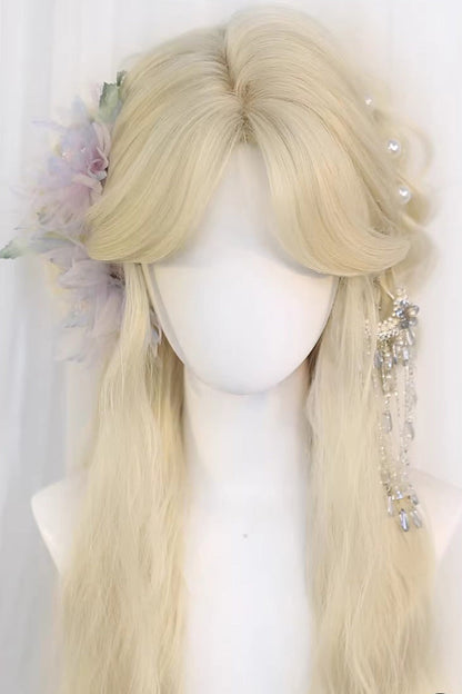 Sweet Lolita Wig with Long Curly Hair & Gold Curtain Bangs, Cream