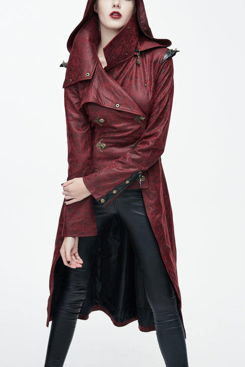 Crimson Punk Leather Coat with Asymmetric Hem and Long Back