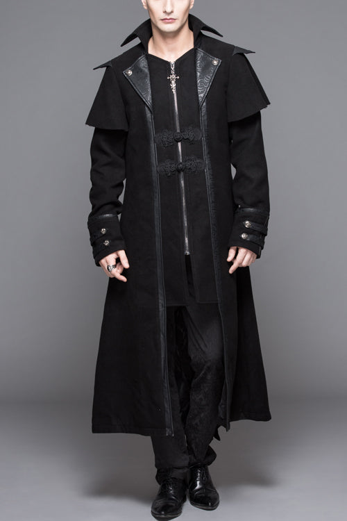Men's Gothic Long Coat with High Collar, Woollen Fabric and Faux Two-Piece Cut