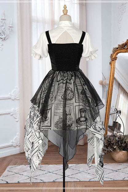 Classic Lolita Dress with Vintage Print, Irregular Hem and Faux Two-Piece Look