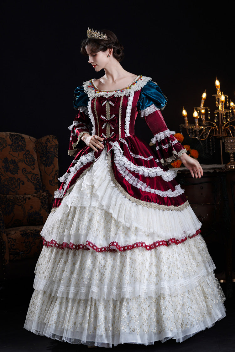 Victorian Palace Dress with Hime Sleeves, Triple Ruffles, and Bow Front in Wine/Ivory - RegalVintage
