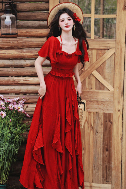 Crimson Halterneck Vintage Lolita Long Skirt Set with Ruffles