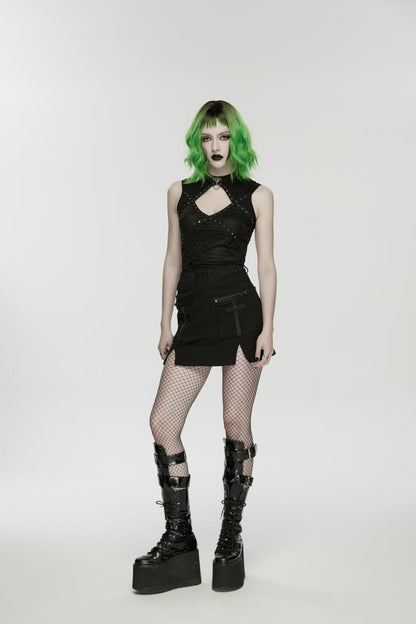Zippered Skull Embroidered Big Pocket Punk Skirt for Women