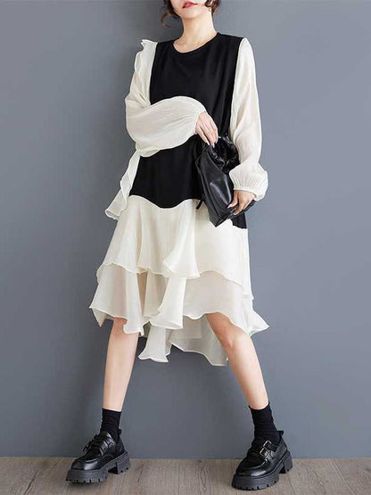 Chic Black Round-Neck Patchwork Contrast Color Ruffle Trim High-Low Long Sleeve Dress TW019