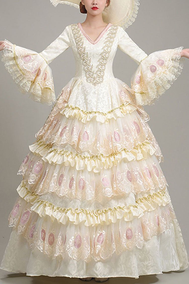 Victorian Lolita Prom Tiered Gown with Hime Sleeves, Lace & Floral Ruffles, Cream