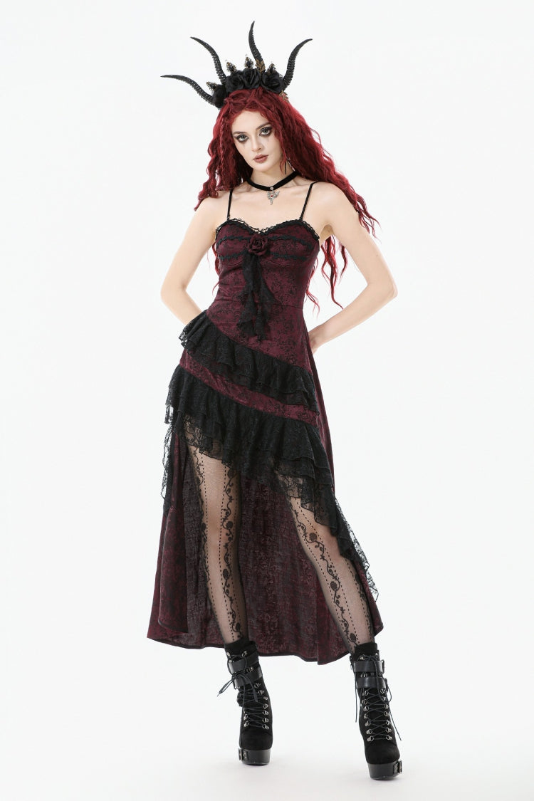 Crimson & Charcoal Rose Layered Tulle Ruffled Goth Evening Gown
