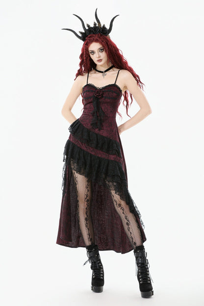 Crimson & Charcoal Rose Layered Tulle Ruffled Goth Evening Gown