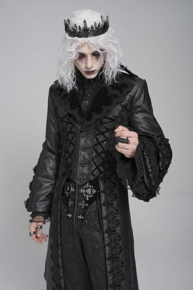 Ebony Flared-Sleeve Floral Crochet Lace-Up Men's Gothic Overcoat