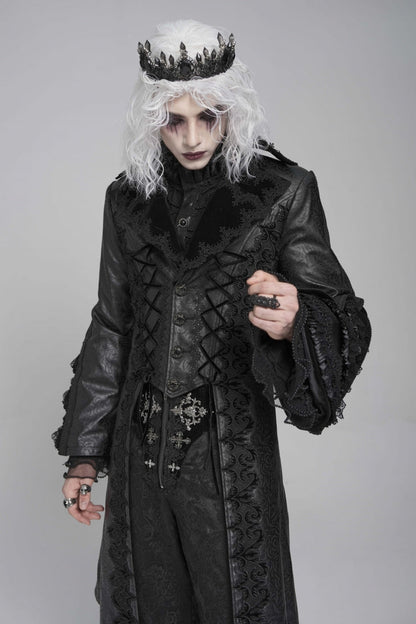 Ebony Flared-Sleeve Floral Crochet Lace-Up Men's Gothic Overcoat