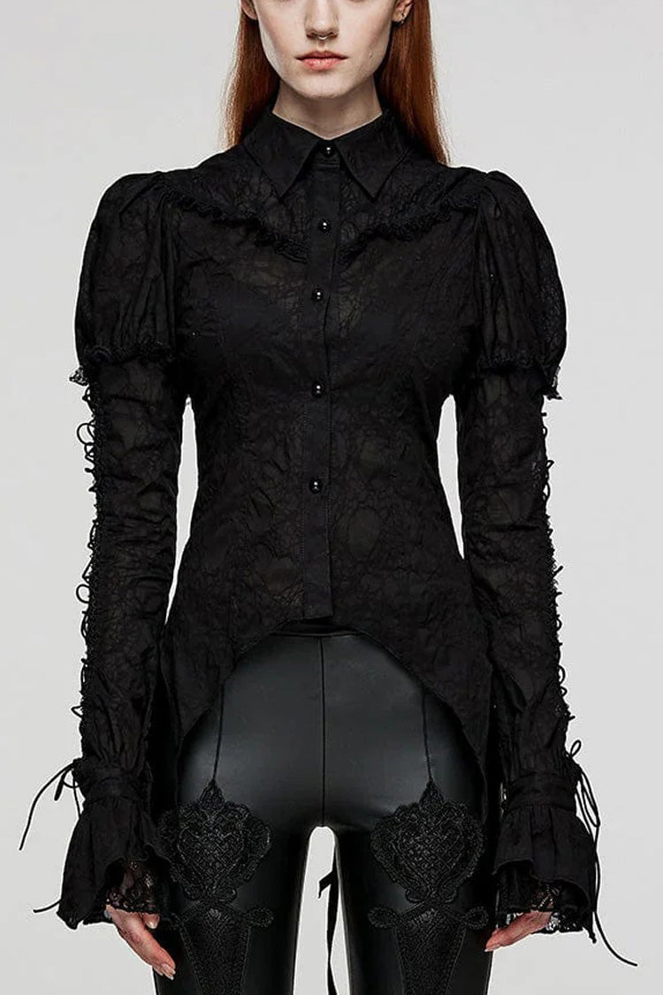 Gothic Lace Blouse with Lapel Collar and Stitched Print, Long Sleeves, Two Variants - DarkRomance