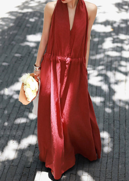 Neck Dress Solid Cotton Long Red Up Summer Lace V