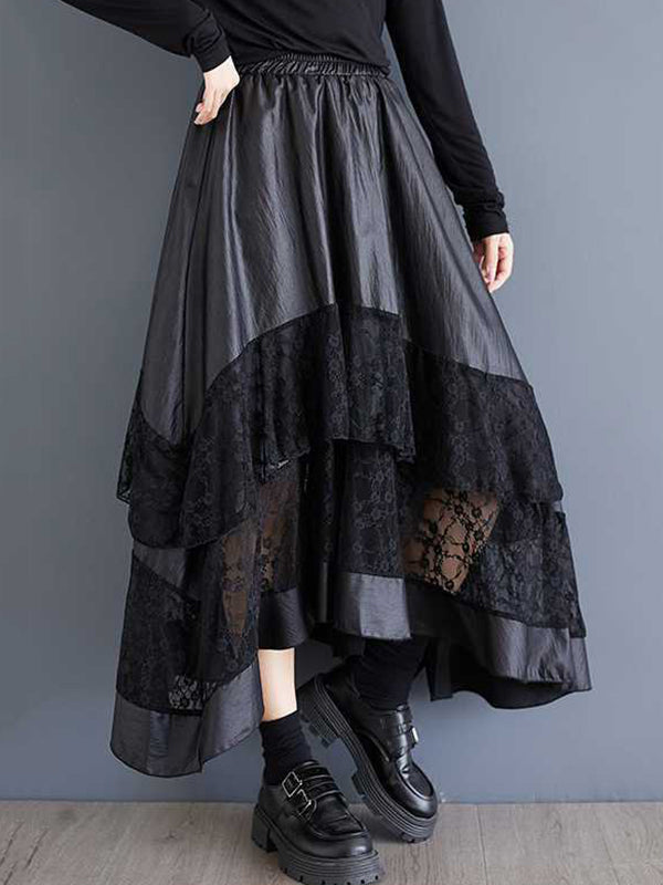 Goth Black Elasticity Layered Irregular Hem Patchwork Lace A-Line Skirt TW023