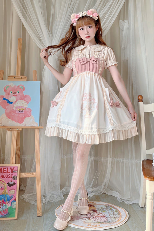 Sweet Lolita JSK Gown with Bear Print, Ruffled Bow & High Waisted Cut