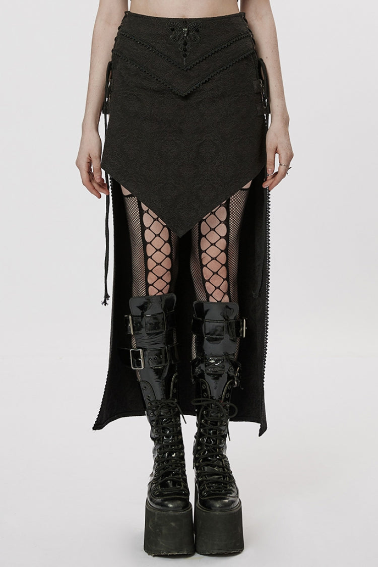 Steampunk Irregular Skirt with Black Jacquard Butterfly Embroidery and Lace